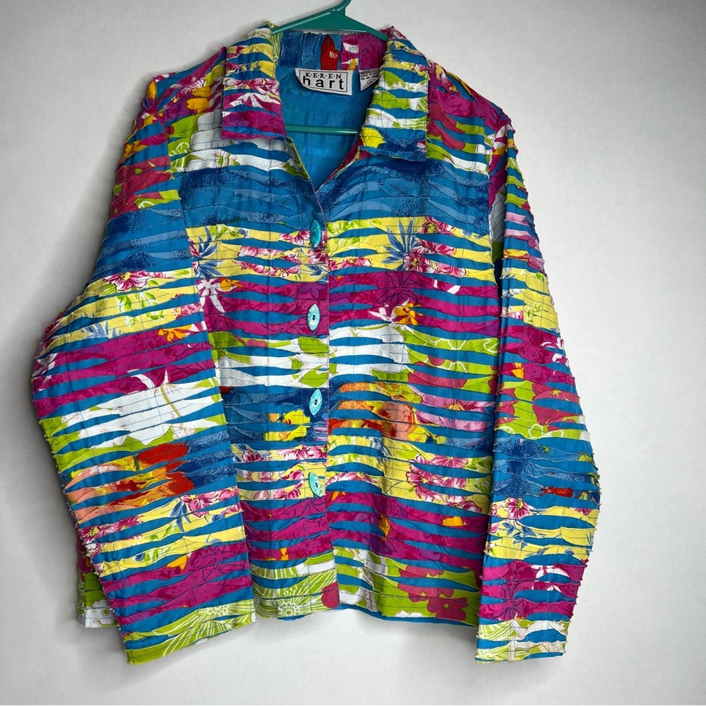 Keren Hart Coastal Grandma Jacket XL Vintage Colorful Quilted Fringe Buttons